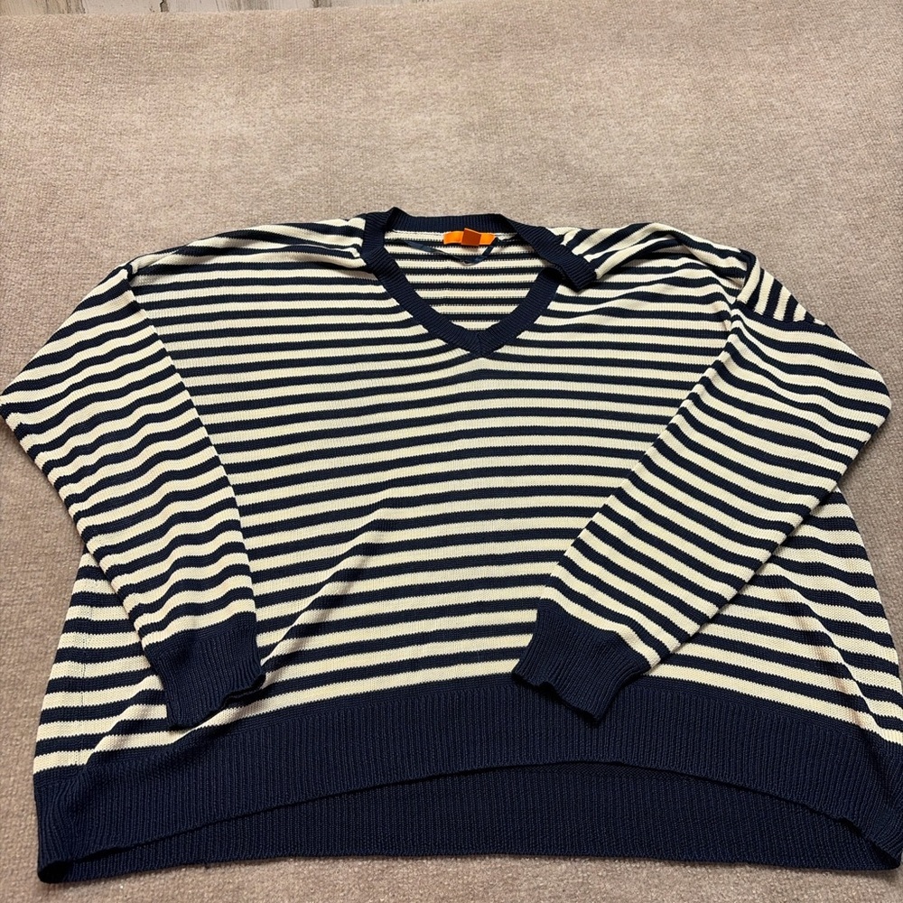 Joe Fresh Navy & Cream Striped V-Neck Sweater – Size XL 0600